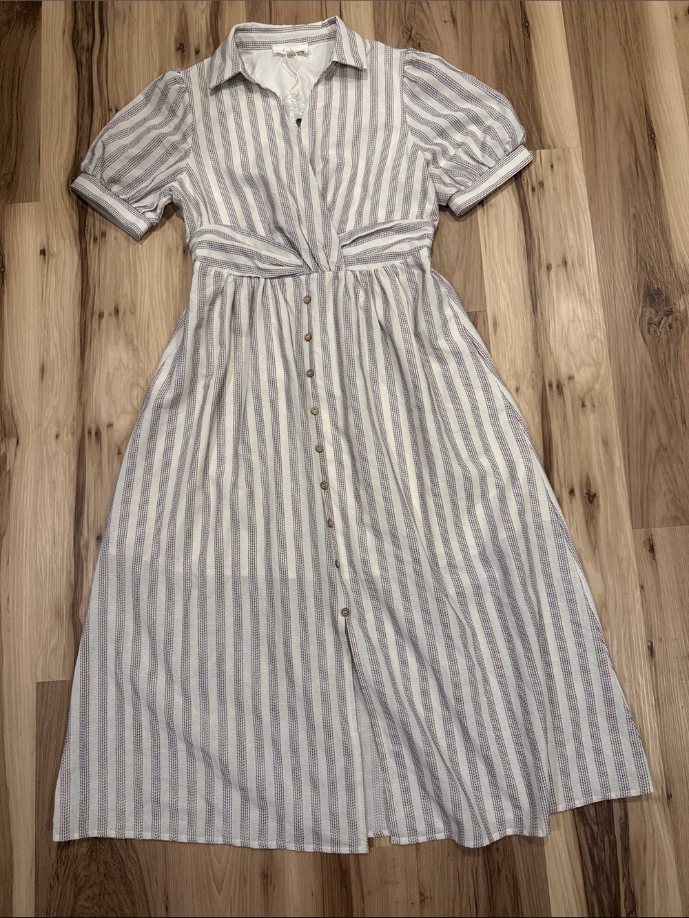 Striped Button-Front Maxi Dress in White and Light Blue